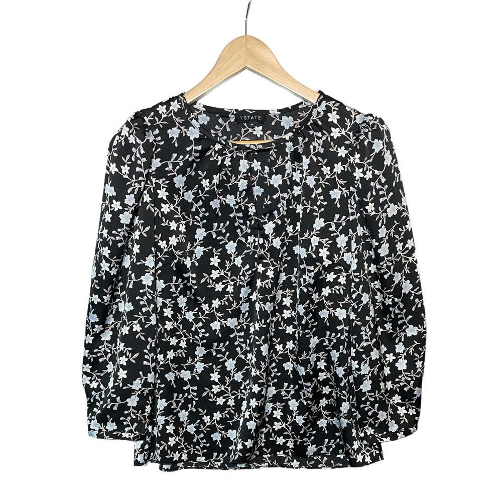 1.State Women’s Black Floral Blouse, Long Sleeves, Size Medium